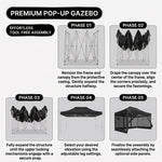 Five-step tool-free setup sequence for the pop-up gazebo frame