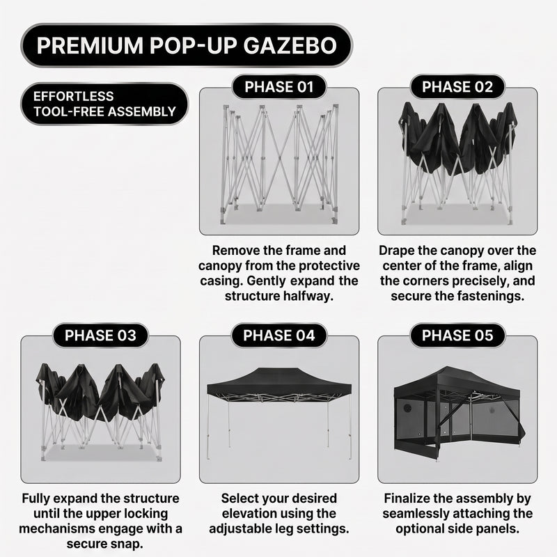 Five-step tool-free setup sequence for the pop-up gazebo frame