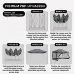 Five-step tool-free setup sequence for the pop-up gazebo frame