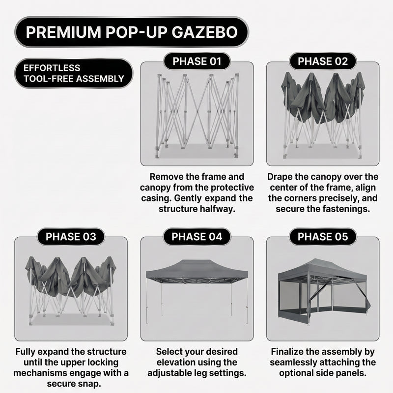 Five-step tool-free setup sequence for the pop-up gazebo frame