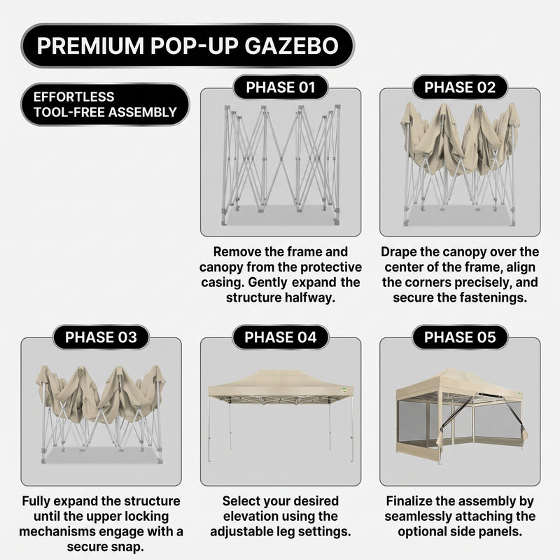 Five-step tool-free setup sequence for the pop-up gazebo frame