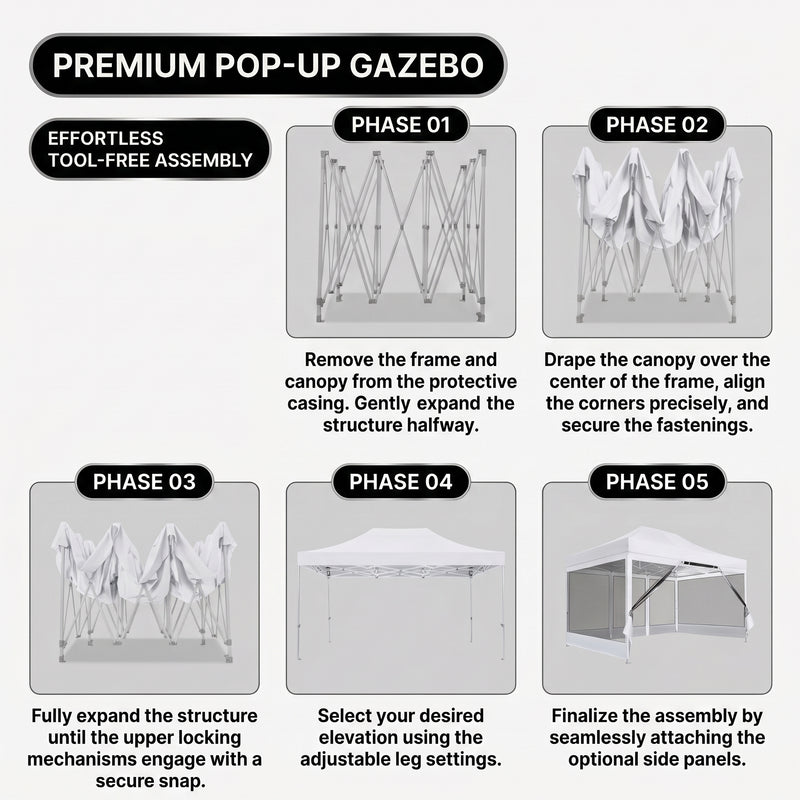 Five-step tool-free setup sequence for the pop-up gazebo frame