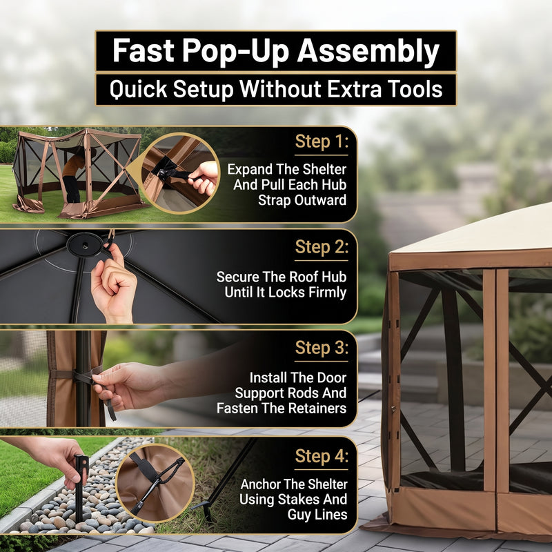 Six-step no-tools setup guide for the pop-up screen gazebo