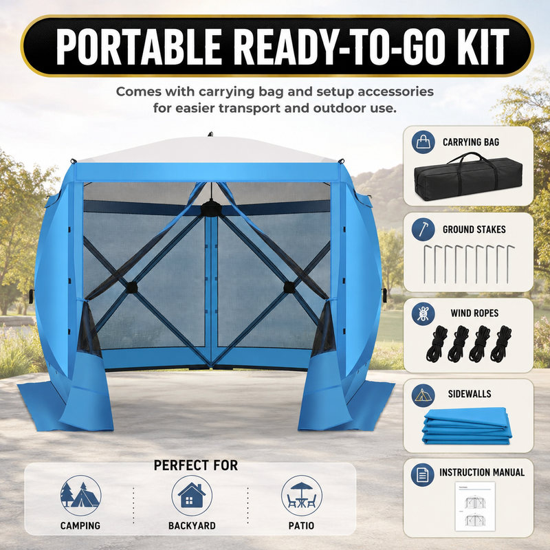 Included accessories: carry bag, ground stakes, wind ropes, mesh sidewalls and instruction manual