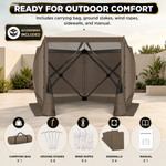 Included accessories: carry bag, ground stakes, wind ropes, mesh sidewalls and instruction manual
