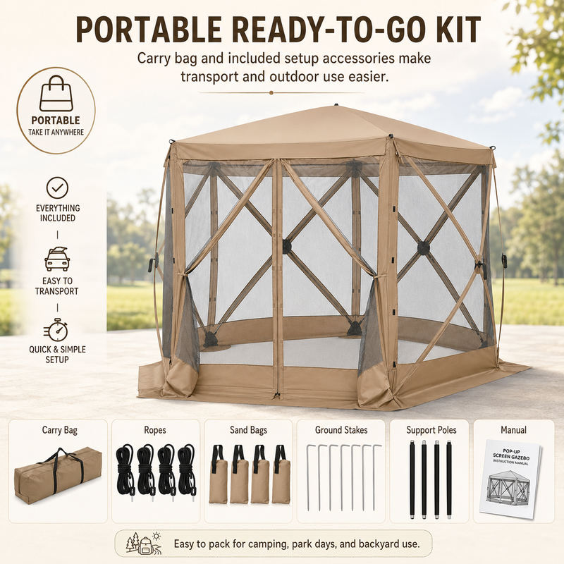 Included accessories: carry bag, ground stakes, wind ropes, mesh sidewalls and instruction manual