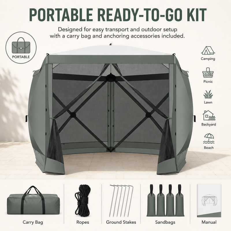 Included accessories: carry bag, ground stakes, wind ropes, mesh sidewalls and instruction manual