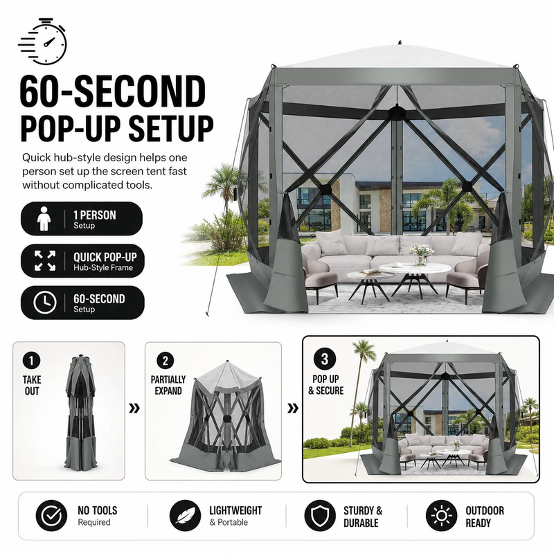 Included accessories: carry bag, ground stakes, wind ropes, mesh sidewalls and instruction manual