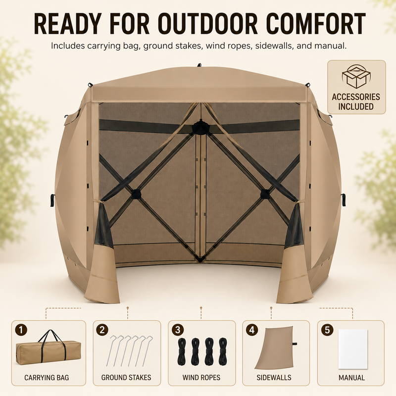 Included accessories: carry bag, ground stakes, wind ropes, mesh sidewalls and instruction manual