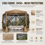 Included accessories: carry bag, ground stakes, wind ropes, mesh sidewalls and instruction manual