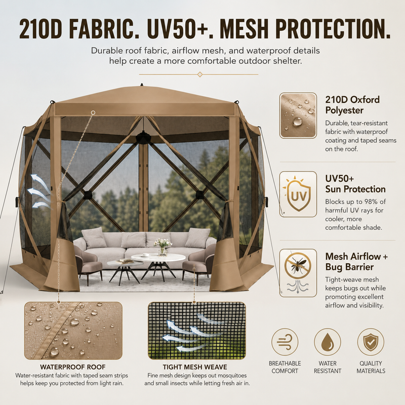 Included accessories: carry bag, ground stakes, wind ropes, mesh sidewalls and instruction manual