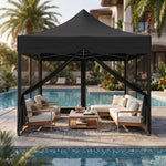 Green pop-up screen gazebo set up beside a pool with an outdoor dining table