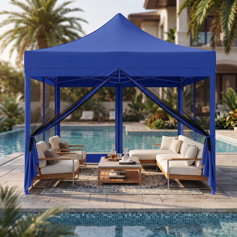 Green pop-up screen gazebo set up beside a pool with an outdoor dining table
