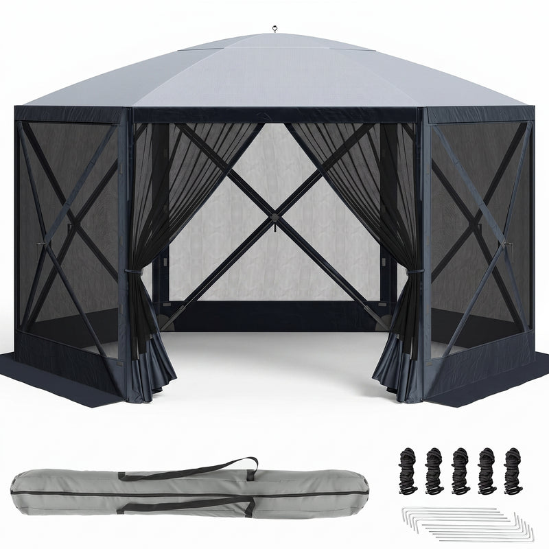 Brown and beige 6-sided pop-up screen tent gazebo set up in a mountain meadow with a table and camping chairs inside