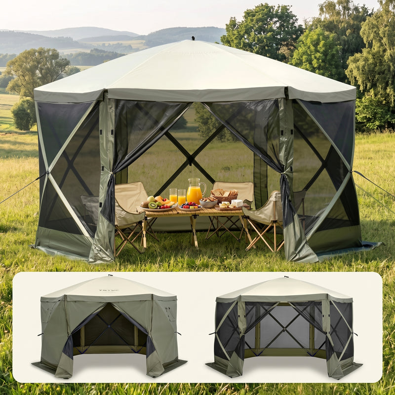 Brown and beige 6-sided pop-up screen tent gazebo set up in a mountain meadow with a table and camping chairs inside