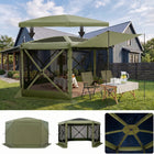 Brown and beige 6-sided pop-up screen tent gazebo set up in a mountain meadow with a table and camping chairs inside