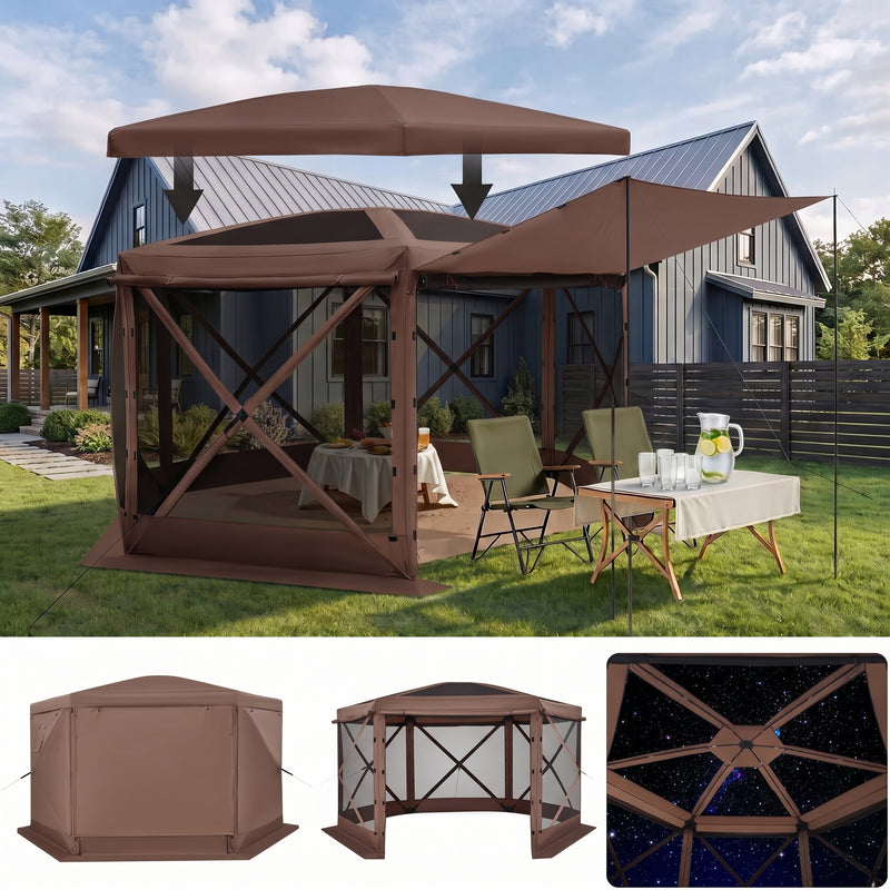 Brown and beige 6-sided pop-up screen tent gazebo set up in a mountain meadow with a table and camping chairs inside