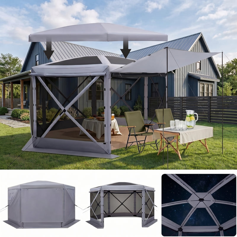 Brown and beige 6-sided pop-up screen tent gazebo set up in a mountain meadow with a table and camping chairs inside
