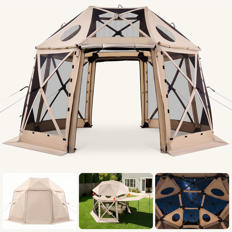 Brown and beige 6-sided pop-up screen tent gazebo set up in a mountain meadow with a table and camping chairs inside