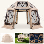 Brown and beige 6-sided pop-up screen tent gazebo set up in a mountain meadow with a table and camping chairs inside
