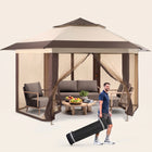 Brown and beige 6-sided pop-up screen tent gazebo set up in a mountain meadow with a table and camping chairs inside