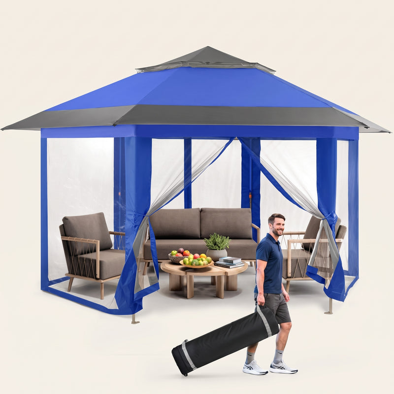 Brown and beige 6-sided pop-up screen tent gazebo set up in a mountain meadow with a table and camping chairs inside