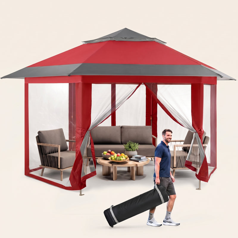 Brown and beige 6-sided pop-up screen tent gazebo set up in a mountain meadow with a table and camping chairs inside