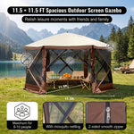 Four-step no-tools setup guide for the pop-up screen tent gazebo from unfolding to anchoring with stakes and guy ropes