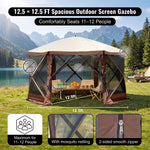 Four-step no-tools setup guide for the pop-up screen tent gazebo from unfolding to anchoring with stakes and guy ropes