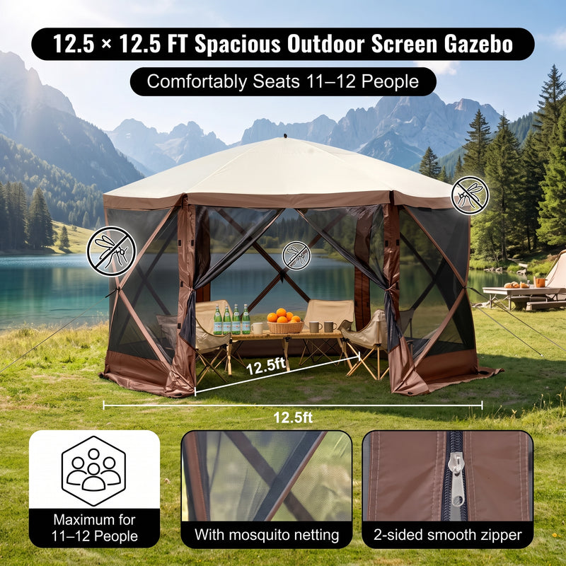 Four-step no-tools setup guide for the pop-up screen tent gazebo from unfolding to anchoring with stakes and guy ropes