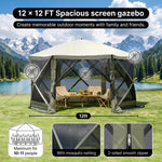 Four-step no-tools setup guide for the pop-up screen tent gazebo from unfolding to anchoring with stakes and guy ropes