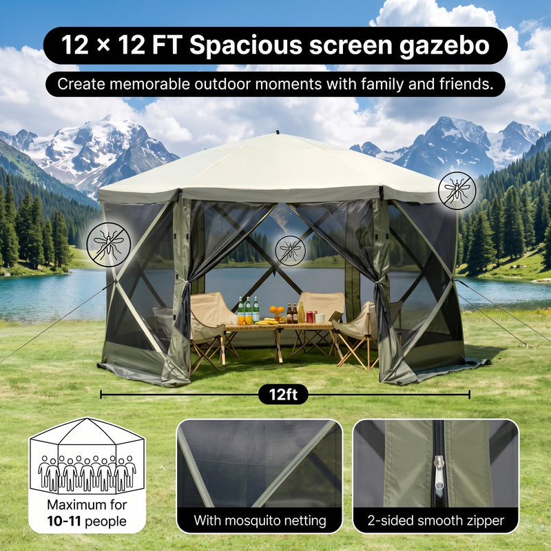 Four-step no-tools setup guide for the pop-up screen tent gazebo from unfolding to anchoring with stakes and guy ropes