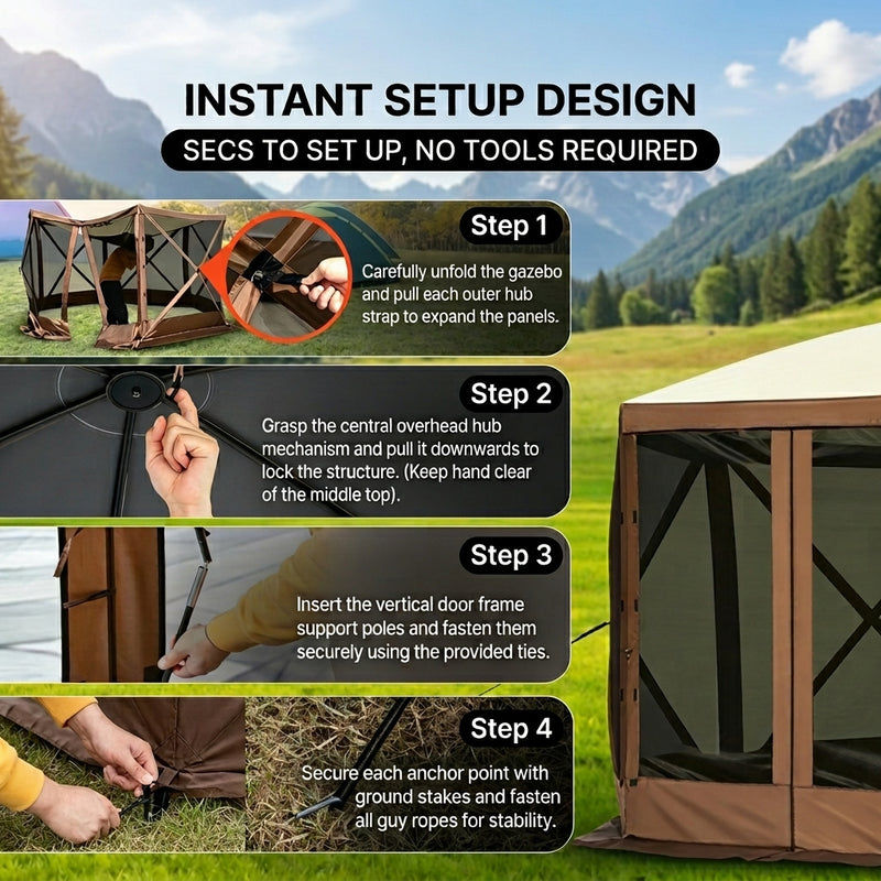 Four-step no-tools setup guide for the pop-up screen tent gazebo from unfolding to anchoring with stakes and guy ropes
