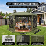 Four-step no-tools setup guide for the pop-up screen tent gazebo from unfolding to anchoring with stakes and guy ropes