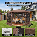 Four-step no-tools setup guide for the pop-up screen tent gazebo from unfolding to anchoring with stakes and guy ropes