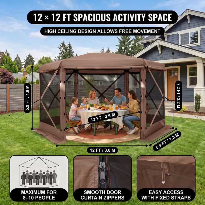 Four-step no-tools setup guide for the pop-up screen tent gazebo from unfolding to anchoring with stakes and guy ropes