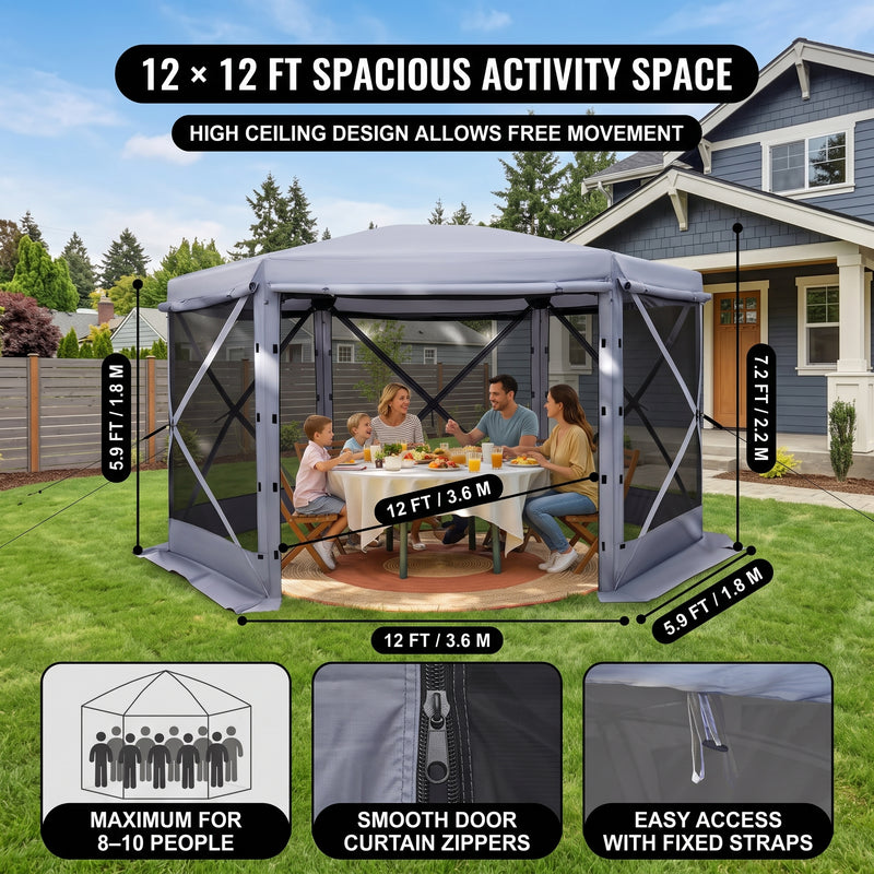 Four-step no-tools setup guide for the pop-up screen tent gazebo from unfolding to anchoring with stakes and guy ropes