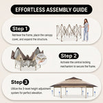 Four-step no-tools setup guide for the pop-up screen tent gazebo from unfolding to anchoring with stakes and guy ropes