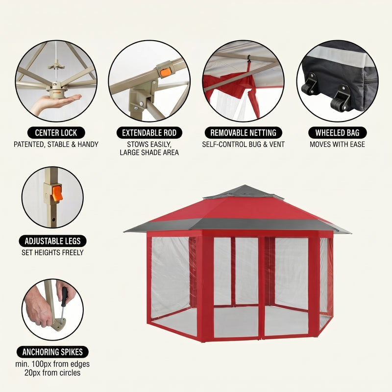 Four-step no-tools setup guide for the pop-up screen tent gazebo from unfolding to anchoring with stakes and guy ropes