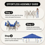 Four-step no-tools setup guide for the pop-up screen tent gazebo from unfolding to anchoring with stakes and guy ropes