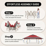 Four-step no-tools setup guide for the pop-up screen tent gazebo from unfolding to anchoring with stakes and guy ropes