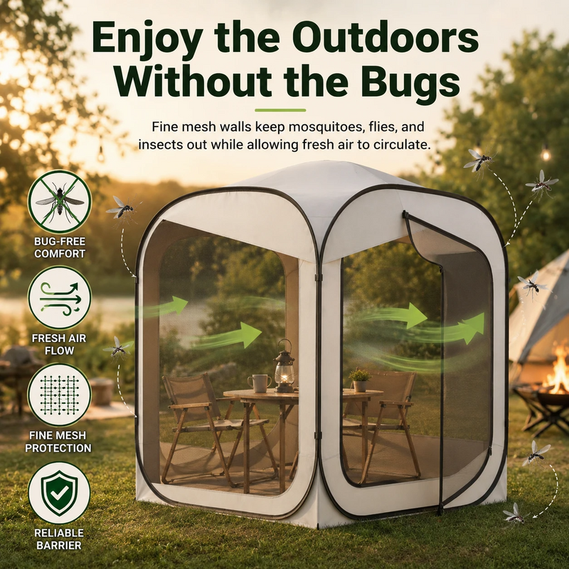 Pop-up screen tent used for camping, backyard, picnic, park and beach