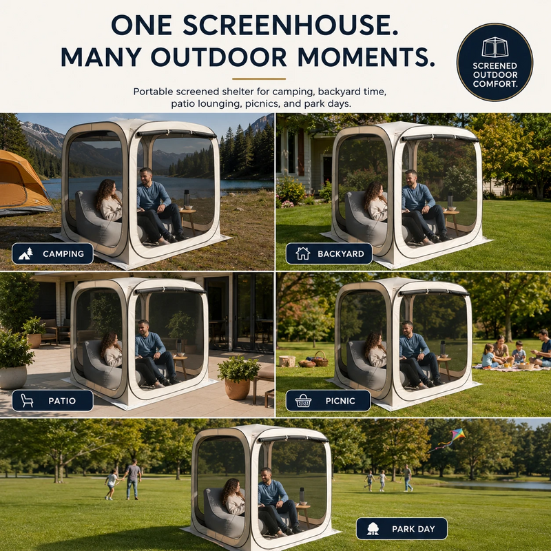 Pop-up screen tent used for camping, backyard, picnic, park and beach