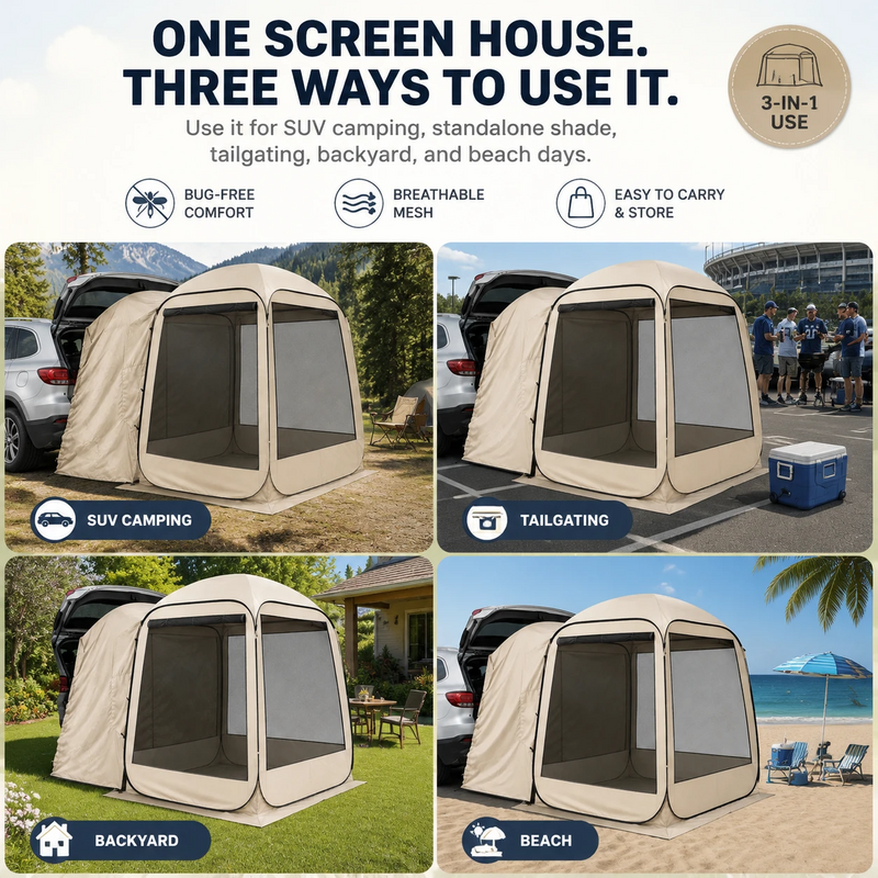 Pop-up screen tent used for camping, backyard, picnic, park and beach