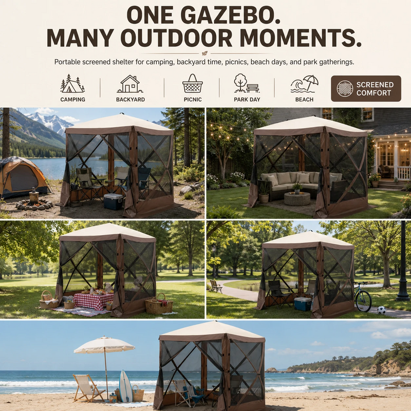 Pop-up screen tent used for camping, backyard, picnic, park and beach