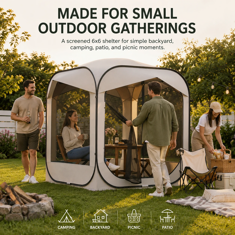 Three-step quick setup of the pop-up screen tent: unzip, pop, enjoy