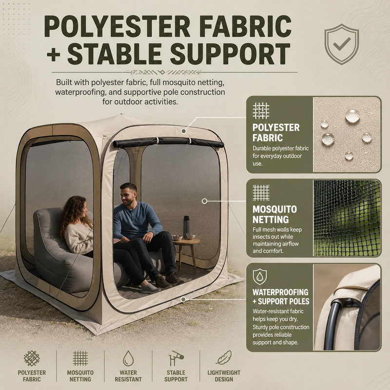 Three-step quick setup of the pop-up screen tent: unzip, pop, enjoy