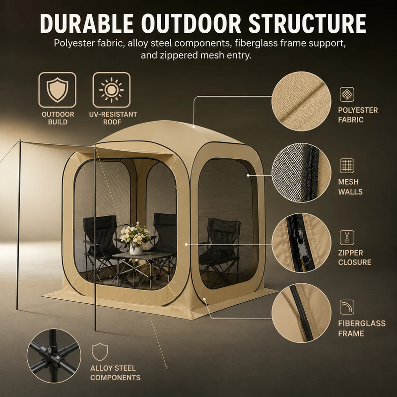 Three-step quick setup of the pop-up screen tent: unzip, pop, enjoy