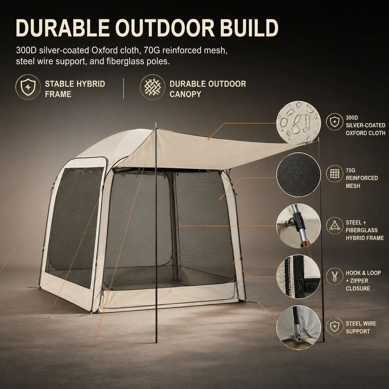 Three-step quick setup of the pop-up screen tent: unzip, pop, enjoy