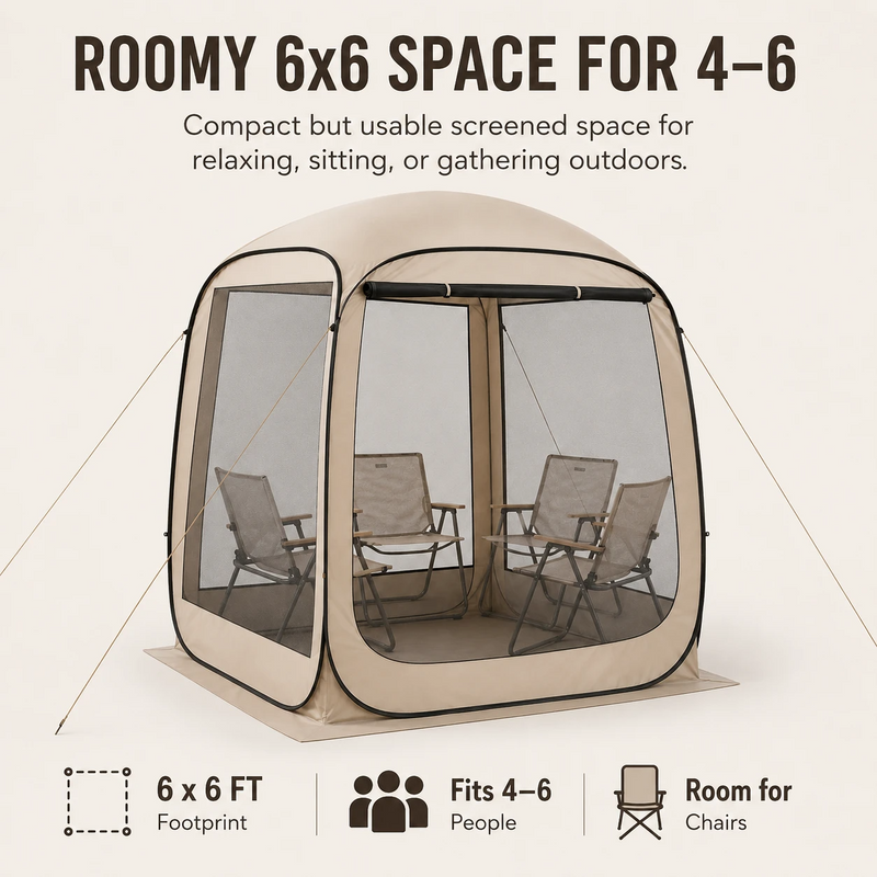 Three-step quick setup of the pop-up screen tent: unzip, pop, enjoy